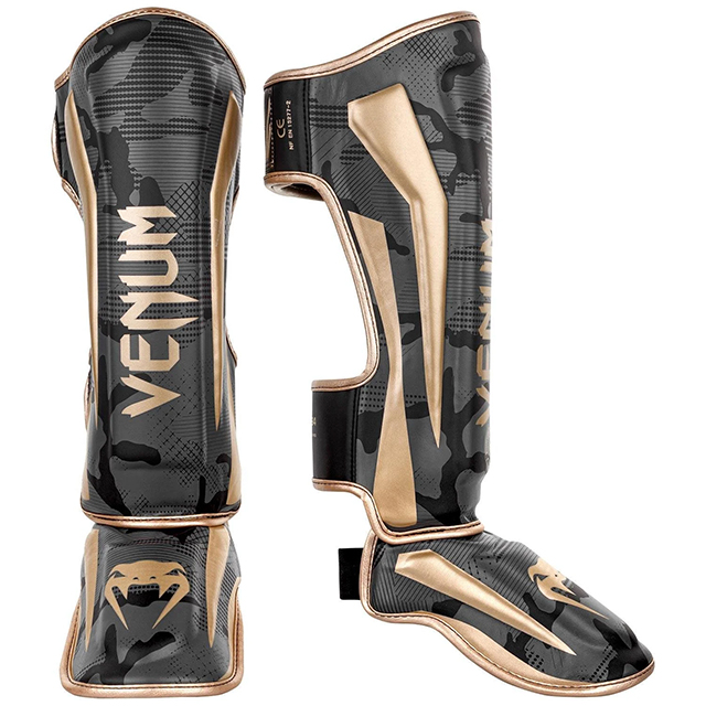 Venum Elite Shin Guards - Dark camo/Gold